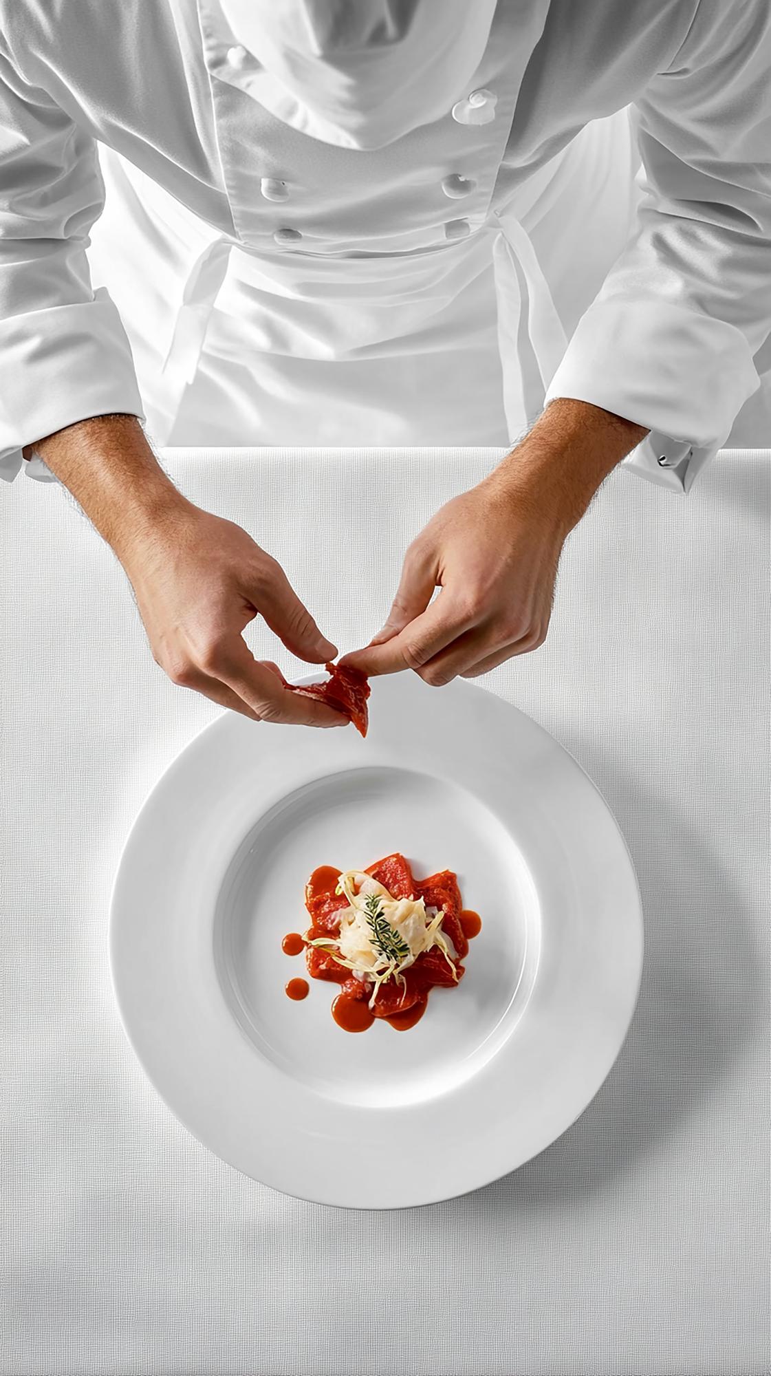Chef plating a refined dish in a studio kitchen